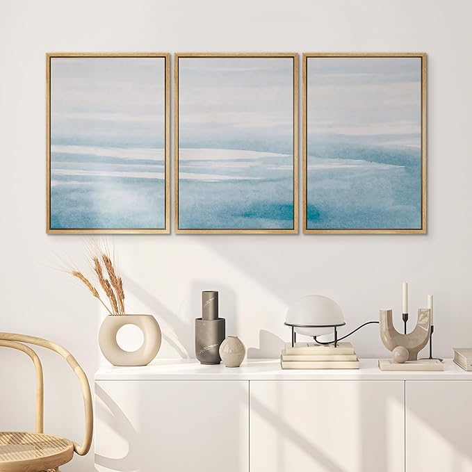SIGNWIN 3 Piece Framed Canvas Wall Art Blue Sky Watercolor Nature Wilderness Illustrations Abstract Traditional Relax/Calm Home Artwork Decoration for Living Room,Bedroom - 24"x36"x3 Natural