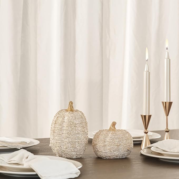 DN DECONATION Fall Pumpkin Decorations Table Centerpieces, 2Pcs White & Gold Artificial Pumpkins Figurines for Autumn Thanksgiving Harvest Indoor Home Decor (Resin with Rope-Wrapped Texture)