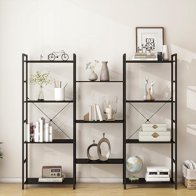 Panana Triple 4/5/6 Tier Bookshelf, Industrial Bookcase with 11/14/17 Open Display Shelves Wide Book Shelf Book Case with Metal Frame for Living Room Home Office (Black, 4 Tier)