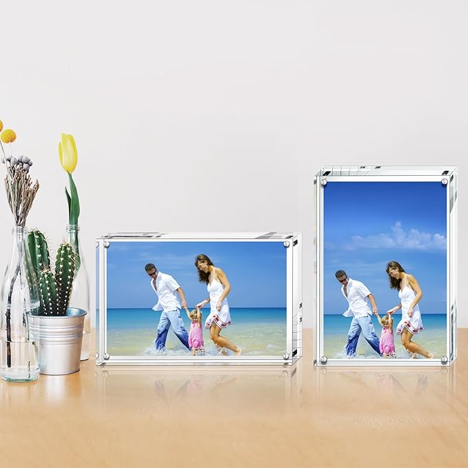 AMEITECH Acrylic Photo Frames 6x8'', Magnetic Acrylic Block Picture Frame, Desktop Frameless Photograph Display (2 Pack)