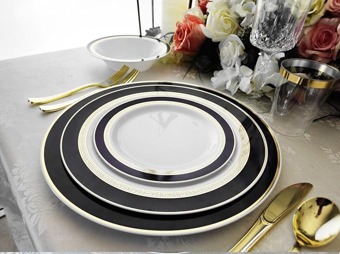 " OCCASIONS " 240 Plates Pack,(120 Guests) Heavyweight Premium Disposable Plastic Plates Set -120 x 10.5'' Dinner + 120 x 7.5'' Salad/Dessert (Ritz Black and Gold)