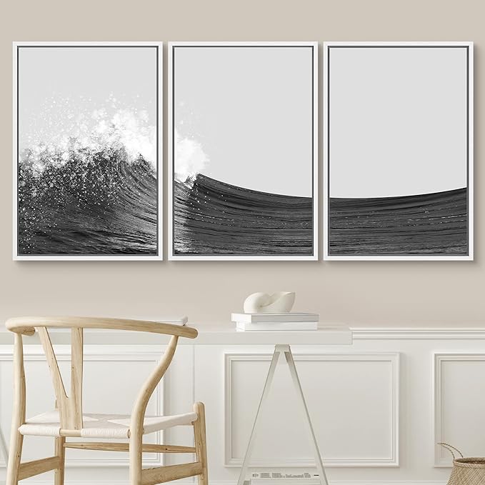 SIGNWIN 3 Piece Framed Canvas Wall Art Black and White Ocean Waves Nature Wilderness Illustrations Abstract Traditional Relax/Calm Home Artwork Decoration for Living Room,Bedroom - 16"x24"x3 White