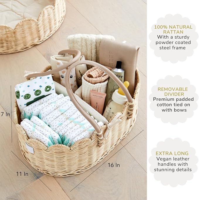 BEBE BASK Premium Baby Diaper Caddy Organizer - Handmade & Award-Winning Scalloped Rattan Basket - Luxury Diaper Caddy Basket - Elegant Scalloped Edge (Natural)