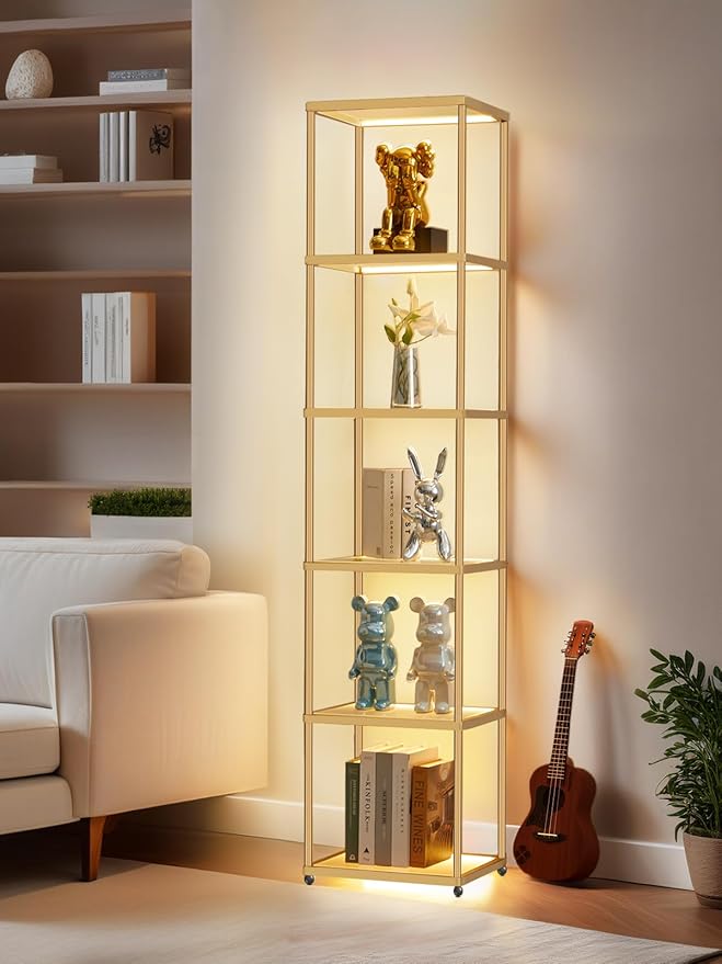 MANBUR Display Shelf with Dimmable LED Floor Lamp, Display Cabinet with Glass Bookcase, Home Decor, Bedroom Decor, Bookshelf with Light, Open Book Shelf with 6-Tier Shelf for Living Room Decor Gold