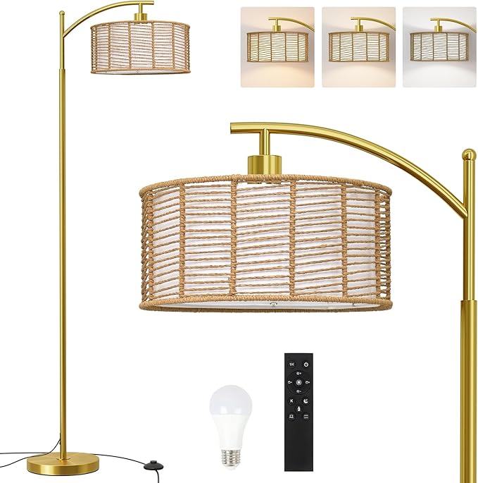 Oneach 62.5" Gold Arc Floor Lamp for Living Room, Rattan Boho Floor Lamp with Remote and Dimmable Bulb, 3 Color Temperatures, Farmhouse Rustic Modern Standing Lamp for Bedroom Office Corner