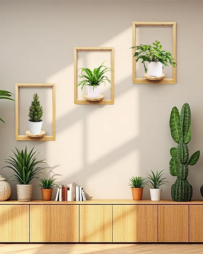 yadoker Wall Planters for Indoor Plants,Bamboo Hanging Plant Holders, Wall Decor Plant Stand, 3-Pack Window Plant Shelves for Living Room & Entryway