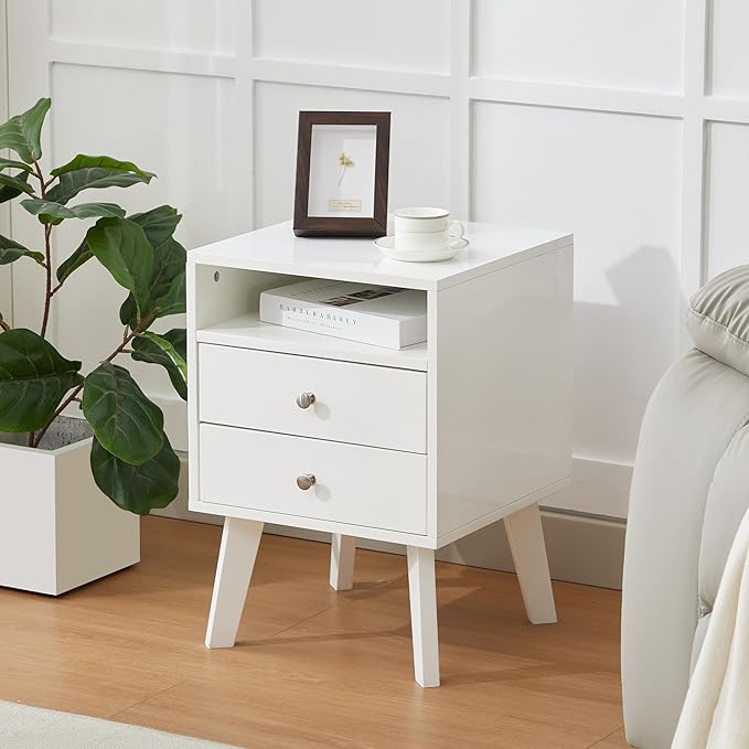 White Nightstand with 2 Drawers and Open Shelf Wooden Bed Side Table Storage Night Stand for Bedroom, Living Room