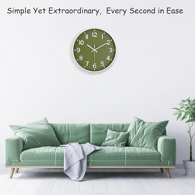 Modern Wall Clock, 10 Inch Digital Wall Clocks Battery Operated, Round Non Ticking Silent Analog Clock for Bedroom Living Room Kitchen Office Gym Classroom Decor, Olive Green