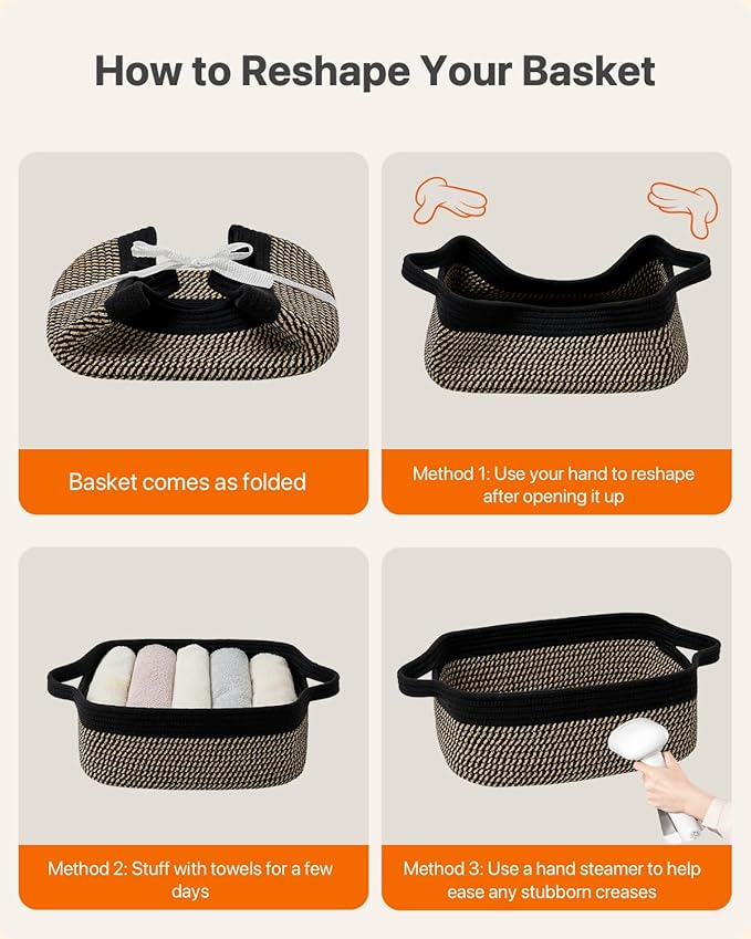 KALLAX Small Woven Basket, 14 x 10 x 5.6 Inches, Small Storage Baskets for Organizing, Gift Baskets Empty, Cute Rope Shelf Closet Storage Bins for Shelves, Dog Toy Basket, Black & Brown