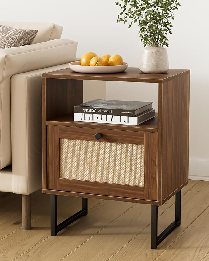 Rattan Nightstand, Mid Century Modern Night Stand,Boho Farmhouse Wood Bedside Table with Storage and Open Shelf, End Side Accent Table for Bedroom,Living Room,Walnut