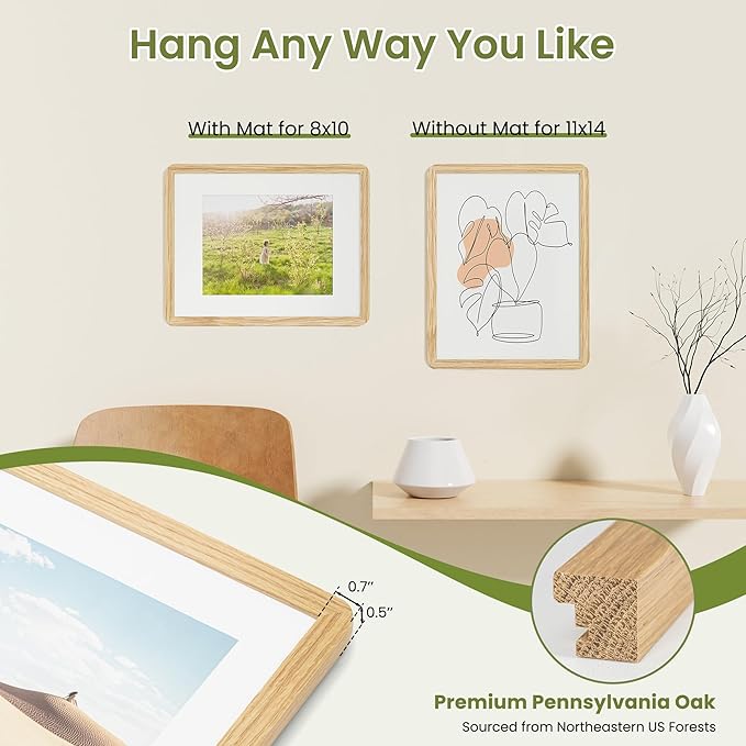 11x14 Round Corner Picture Frame, Solid Oak Photo Frame With Mat For 8x10, Plexiglass Framing And Hanging Hardware For Wall Or Tabletop Poster Frame, Natural Oak, 3 Pack