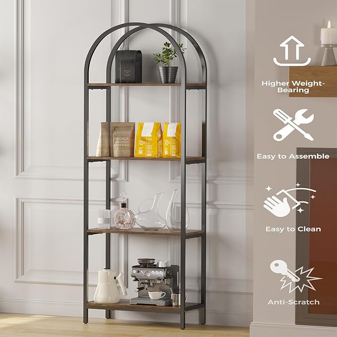 Bookshelf Arched Bookcase, Industrial Curved Metal Book Shelves, 72" Tall Freestanding Open Storage Shelf Display Rack for Living Room Home Office, Rustic Brown, 4-Tier