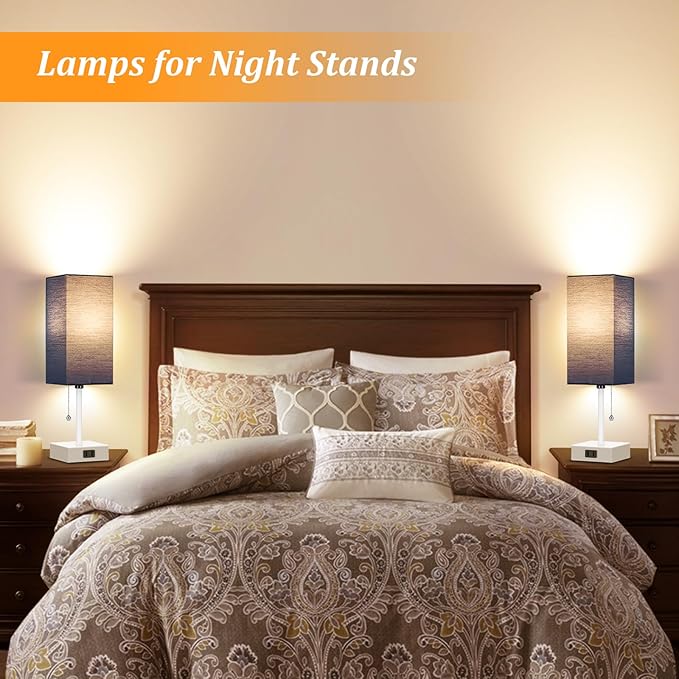 Table Lamp for Bedroom set of 2,3-Color Bedside Lamps with Pull Chain Table Lamps for Nightstand with AC Outlets,Small Night Light Lamps with 2 Bulbs Lamps for Living Room Kids Room Office Decor（Blue）
