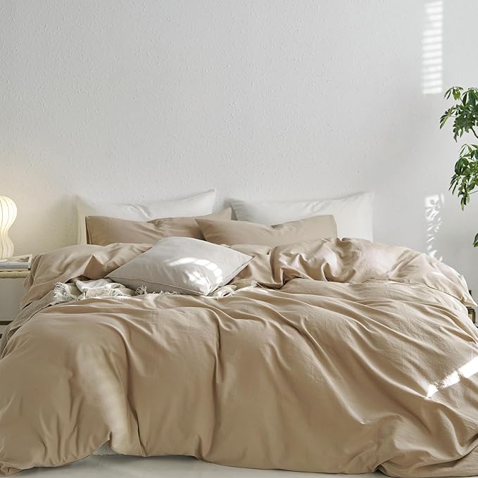 MooMee Queen Duvet Cover Set, 100% Washed Cotton Linen Like Twill Thick Sturdy Material Super Soft Breathable Durable Bedding for All Season, 3 Pieces (Camel, Queen 90"x90")