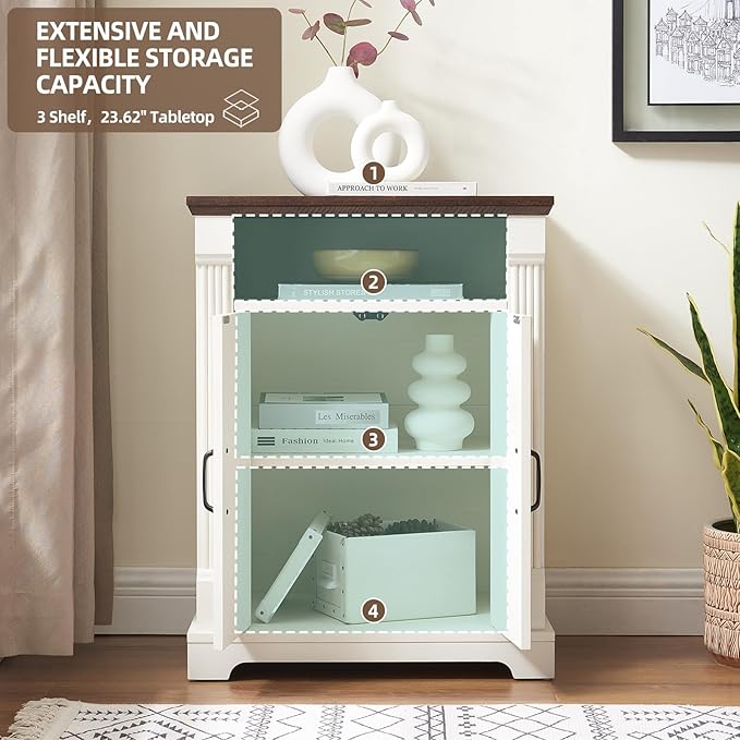 Farmhouse Bathroom Floor Cabinet, Freestanding Storage Cabinet with Double Doors and Adjustable Shelves, Wooden Small Storage for Living Room, Bathroom (Antique White)