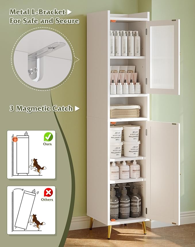 69'' Tall Bathroom Storage Cabinet with 2 Adjustable Shelves, White 6 Tier Narrow Bathroom Cabinet with 2 Doors, Slim Linen Cabinets for Brathroom,Home Office,Wood