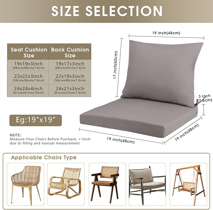 Outdoor Seat Cushion Set 19 x 19 In, Water-Resistant & Fade-Resistan, Patio Furniture Cushions with Removable Cover Deep Seat & Back Cushion with Handle and Adjustable Straps for Chair Sofa,1PC