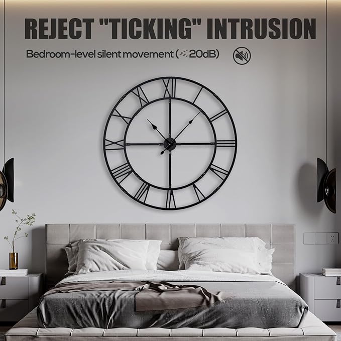 Large Wall Clock for Living Room Decor – 48 inch Silent Non-Ticking Modern Farmhouse Wall Clock, Oversized Decorative Metal Roman Numeral Clock, Black