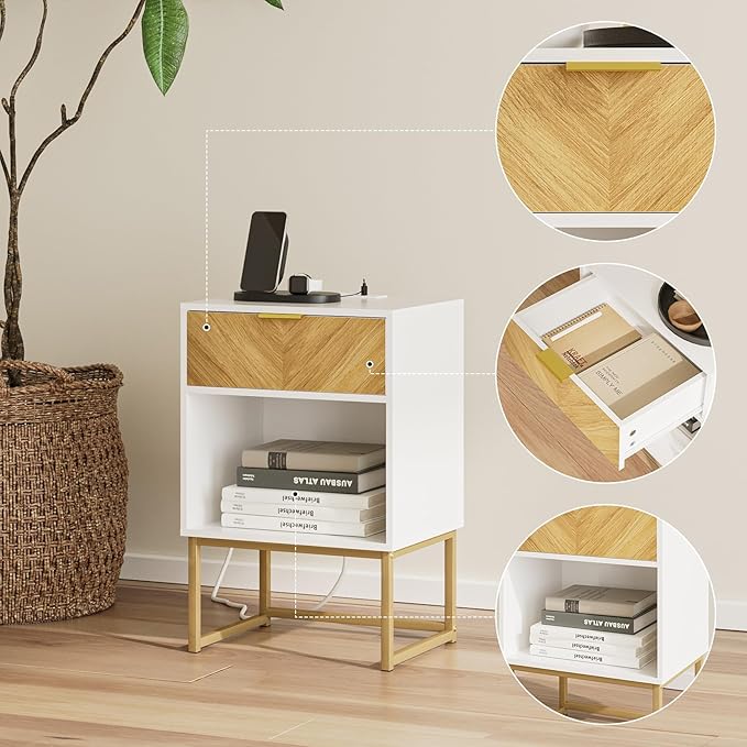 Masupu Extra Large Nightstand with Charging Station,Boho Night Stand Modern Farmhouse Wood Bedside Table with Storage Drawer and Open Shelf,Side End Table for Bedroom,Living Room,Office White