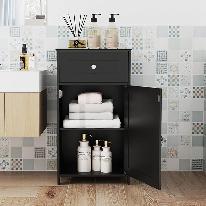 Tangkula Small Bathroom Cabinet for Small Spaces, Free-Standing Single Door Storage with Adjustable Shelf, Anti-Tipping Device, Smooth Drawer, Floor Cabinet for Bathroom & Living Room (Black)