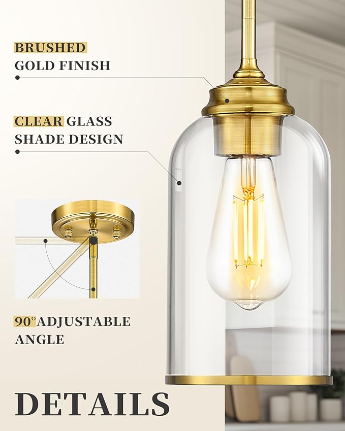 LIROUVET 2 Pack Pendant Lights, Vintage Hanging Lights, Brushed Gold Pendant Lights Kitchen Island with Clear Glass, Pendant Lighting for Dining Room PL02 CLBG-2PK
