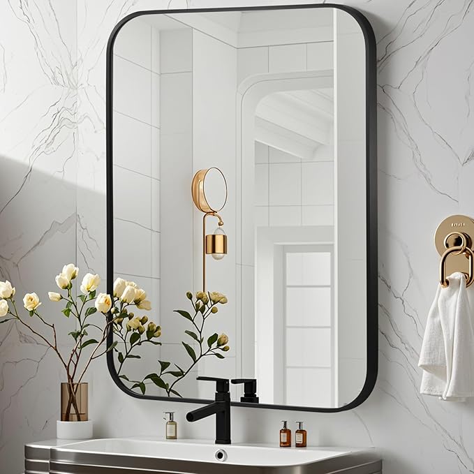 Matte Black Mirror, 26"x38" Rectangle Bathroom Mirror, Metal Frame Rectangle Corner Vanity Mirror, Wall Mounted Mirror for Modern, Living Room, Bedroom, Horizontal Or Vertical