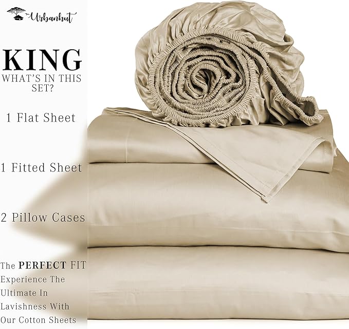 URBANHUT 700 Thread Count Egyptian Cotton Sheets King Size, 4Pc Bed Sheet Set Soft Luxury Bed Sheets for King Size Bed, Sateen Weave Hotel Sheets, 16'' Elasticized Deep Pocket - Sand