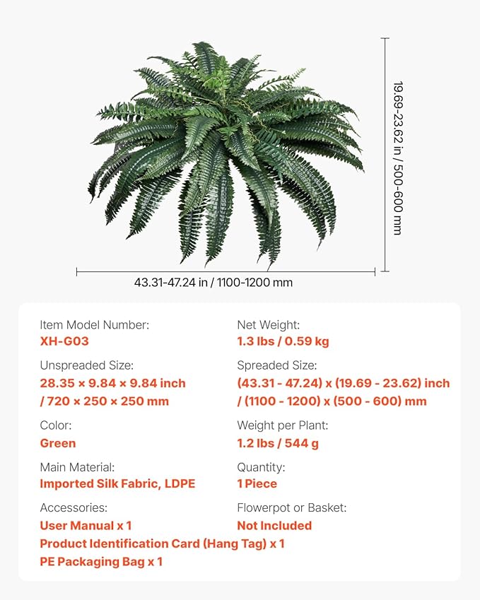 VEVOR Artificial Ferns 1Pcs, 47 Inch Artificial Boston Ferns Plants, Faux Fern with 88 Branches, Artificial Plants Large for Outdoors/Indoor Home, Office,Garden (Flowerpot Unincluded)