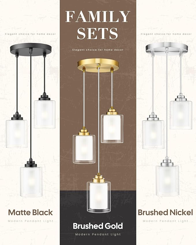 TENGXIN Modern Pendant Light, Matte Black, Dual Glass Shade, Farmhouse Style for Kitchen Island, Dining Room, Bedroom