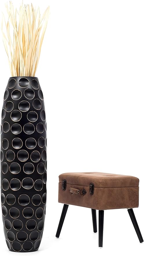Leewadee Large Black Home Decor Floor Vase – Wooden 41 inches Tall Farmhouse Decor Flower Holder for Fake Plant and Pampas Grass
