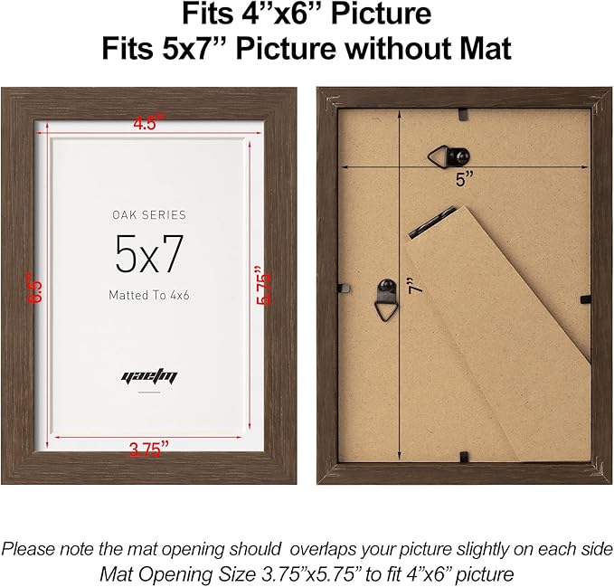 Yaetm 5x7 Picture Frame with Mat for 4x6 – Brown Walnut, Rustic Solid Wood Frame 5 x 7 with Tempered Glass for Art Print & Picture, Display on Tabletop & Wall (Single, Walnut)