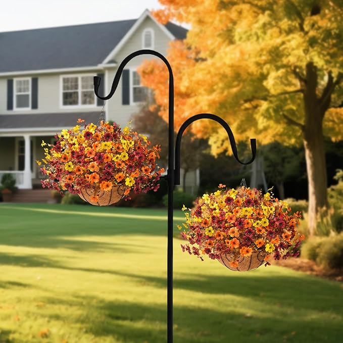 Artificial Fake Hanging Baskets Fall Flowers for Outdoors Decoration, Faux Silk Mums Plants UV Resistant Look Real Outside Yard Patio Front Porch Garden Balcony Home Autumn Decor (Orange Yellow Brown)