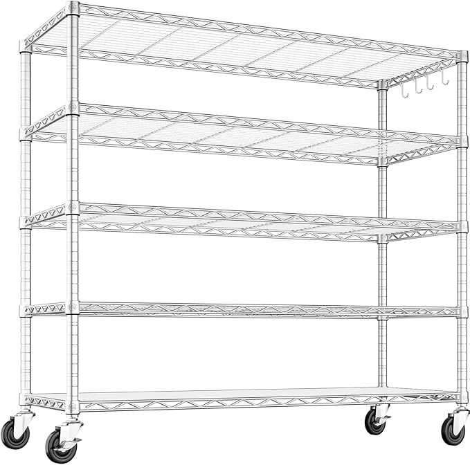 PrimeZone 48" W Wire Shelving Heavy Duty with Wheels,5 Tier Adjustable Garage Storage Shelves Unit,Rolling Metal Organizer Shelf Utility Rack Warehouse,Pantry,Chrome 48" Wx24 Dx81 H