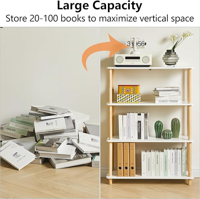 IBUYKE 4-Tier Wooden Open Bookcase - Modern Freestanding Bookshelf Storage Organizer,Standing Shelf Units,Multifunctional Display Stand for Bedroom, Living Room and Home Office, White WBC004W