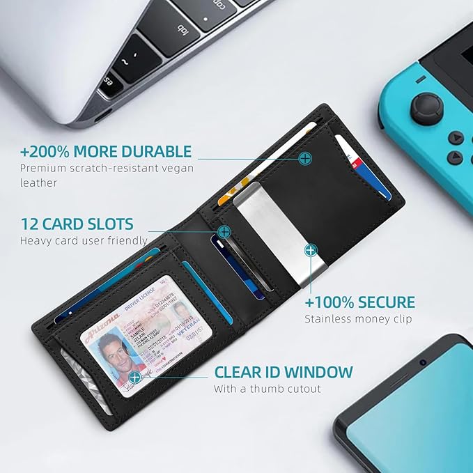 Zitahli Slim Wallet for Men Gifts 12 Card Slots ID Window With Money Clip Minimalist RFID Front Pocket Bifold Leather Small Thin Gift Box Dad Birthday Christmas Regalos Hombres