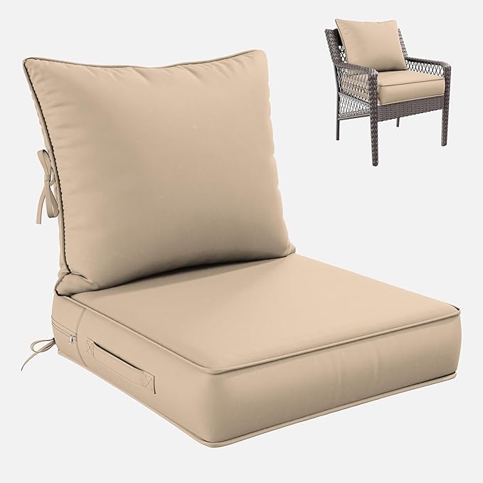 Premium Outdoor Seat Cushion Chair Cushions for Patio Furniture 24 L X 24 W X 5 H Waterproof & Fade Resistant Deep Seat and Backrest Cushion Set with Removable Covers for Chair, Sofa