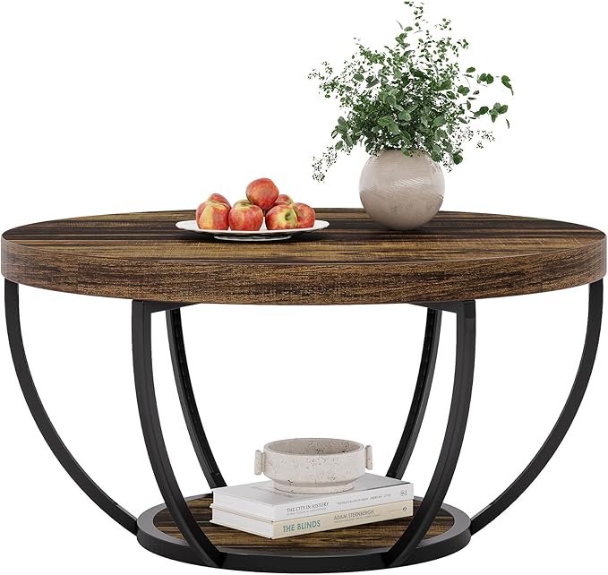 Tribesigns Round Coffee Table, 31.7" Wooden 2-Tier Circle Coffee Table with Storage Shelves, Modern Accent Cocktail Table Center Table for Living Room, Rustic Brown