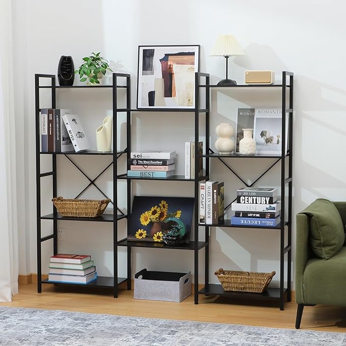 Triple 4 Tier Bookshelf, Tall Book Shelf with 11 Open Display Shelves, Adjustable Industrial Bookcase in Living Room, Bedroom, Wide Metal Bookshelf Book Case for Home & Office, Black
