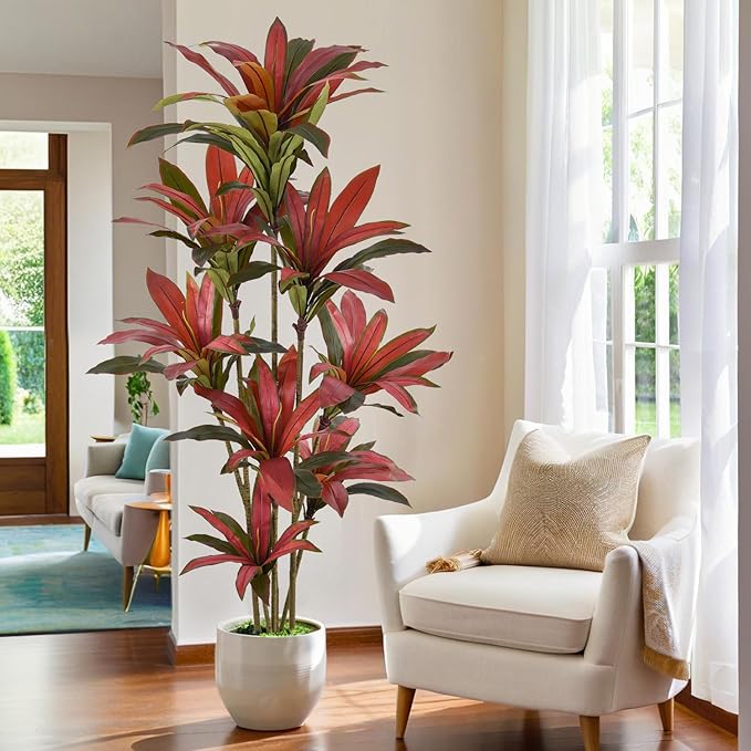 Artificial Dracaena Tree 7ft(84in) Tall Large Faux Silk Plants with Realistic Trunks and Red Leaves, Fake Floor Potted Artificial Plants for Home Office Indoor Decor (7feet,1Pack)