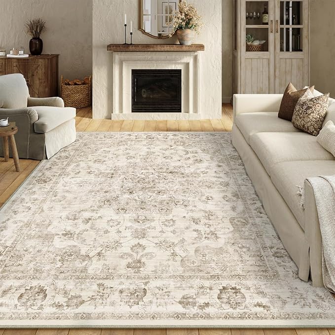 10x12 Neutral Area Rug Beige Floral Living Room Bedroom Large Carpet Non-Slip Low Pile Vintage Soft Thin Washable Throw Rug for Dining Room Office Kitchen Indoor Nursery