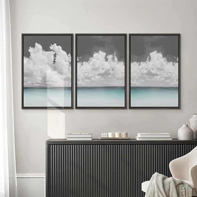 SIGNWIN 3 Piece Framed Canvas Wall Art Clouds Above The Blue Ocean Nature Wilderness Illustrations Abstract Traditional Relax/Calm Home Artwork Decoration for Living Room,Bedroom - 16"x24"x3 Black