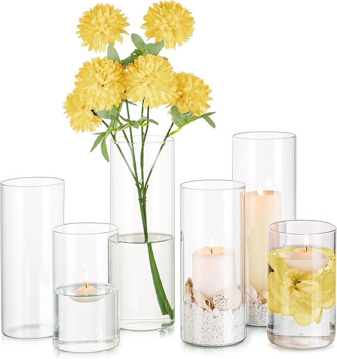 Glasseam Clear Glass Cylinder Vase, Set of 6 Glass Vases for Centerpieces, Modern Floating Candle Vases for Flowers, Hurricane Vase Decor Candle Holders for Pillar Candles Wedding Decorations, 2.6in