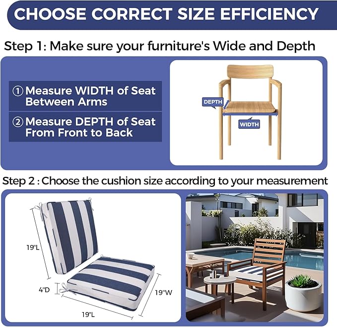 Outdoor Chair Cushion 18 x 18 x 3 Inch, Waterproof & 3-Year Fade Resistant Patio Furniture Cushions, Removable Cover and Adjustable Ties for Garden Sofa Couch (Sapphire Blue Cabana Stripe)