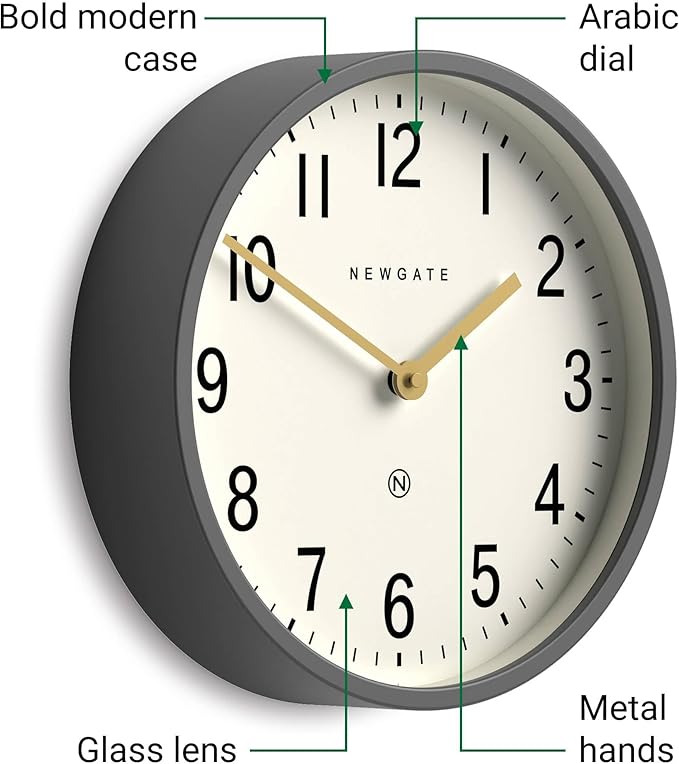 NEWGATE® Master Edwards Wall Clock | Mid Century Style Clock | 12 inch | Deep Metal case in matt Dark Grey | Modern Retro Design for Kitchen, Living Room or Office