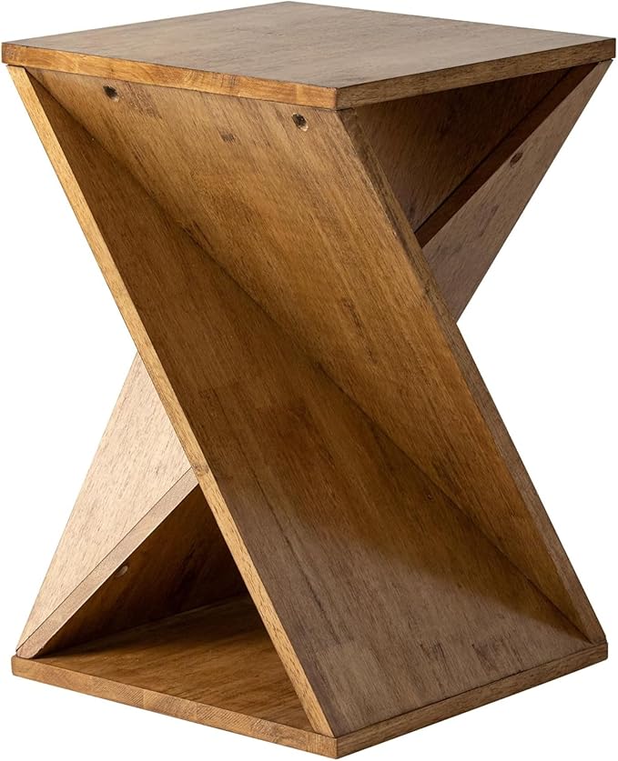 Farmhouse End Table Square Solid Wood Pedestal Side Table Rustic Plant Stand with Twisted Design for Living Room, Bedroom, Office, Natural Wood