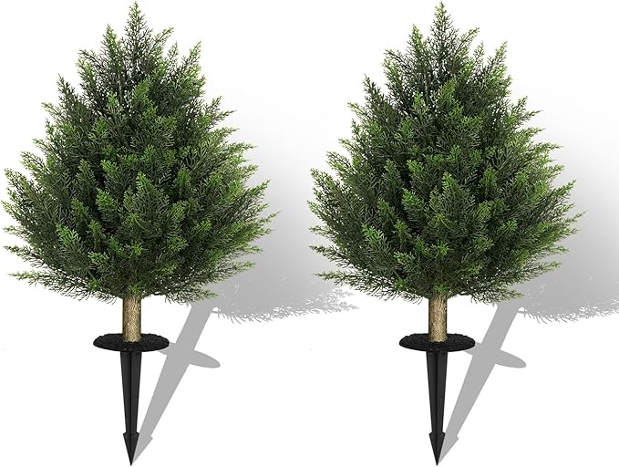 24 Inch 2 Set Artificial Cypress Topiary Tree, Outdoor Indoor Faux Boxwood Bush Plants, Fake Cedar Potted with Ground Spike for Home Front Porch Decor Outside Garden
