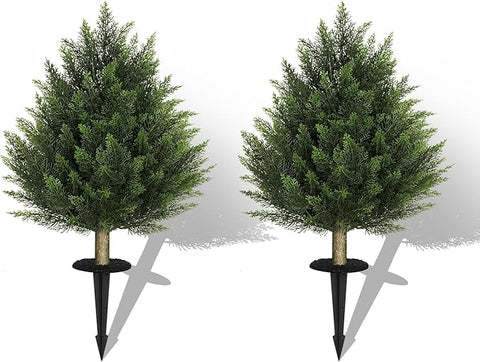 24 Inch 2 Set Artificial Cypress Topiary Tree, Outdoor Indoor Faux Boxwood Bush Plants, Fake Cedar Potted with Ground Spike for Home Front Porch Decor Outside Garden