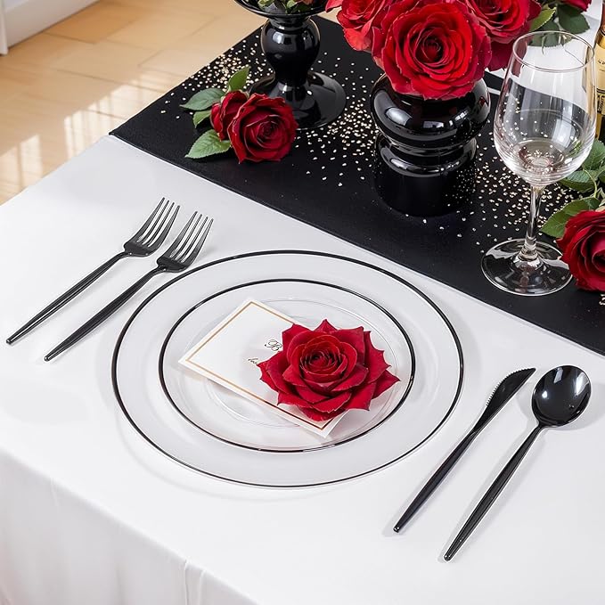 LIYH 120 Pcs Black Plates Disposable for Party - Clear Plastic Disposable Heavy Duty Plastic Party Wedding Plates Including 60 Dinner Plate 10.25" & 60 Dessert Plate 7.5 "