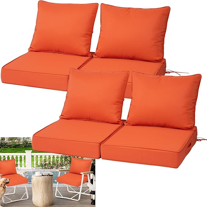 Waterproof Outdoor Chair Cushion Set of 4, 24x24x5 IN Deep Seat Patio Cushions with Fade Resistant Removable Cover,Outdoor Cushions for Patio Furniture with Ties&Handle for Chair Sofa Couch,Orange