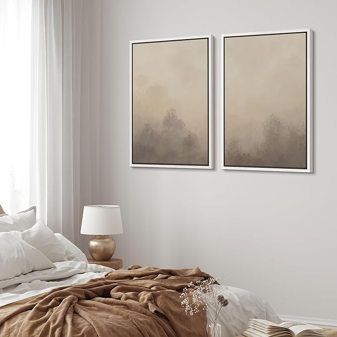 MUDECOR Framed Canvas Print Wall Art Set Neutral Misty Forest Illustrations Modern Art Decorative Bohemian Zen for Living Room, Bedroom, Office - 24"x36"x2 White
